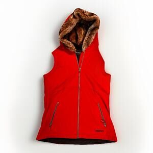 Marmot Womens Red Softshell Hooded Vest Faux Fur Lined Medium Outdoor Zip